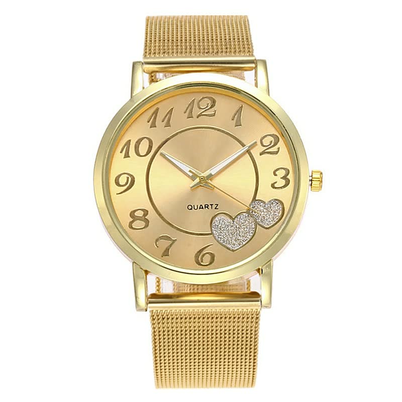 Goldene Damenarmbanduhr mit Herzdesign, Quarzwerk, Metallarmband, modisch, elegant.