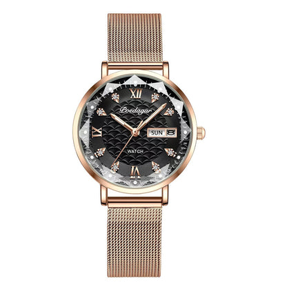 Luxus Damenarmbanduhr, roségold, schwarzes Zifferblatt, Edelstahl, römische Ziffern, Datum.