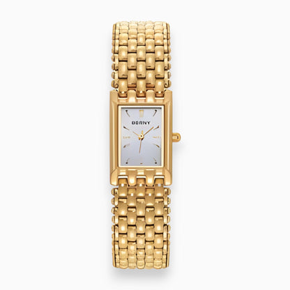 Goldene rechteckige Armbanduhr, Metallarmband, elegantes Design, Damenuhr, Luxusaccessoire.
