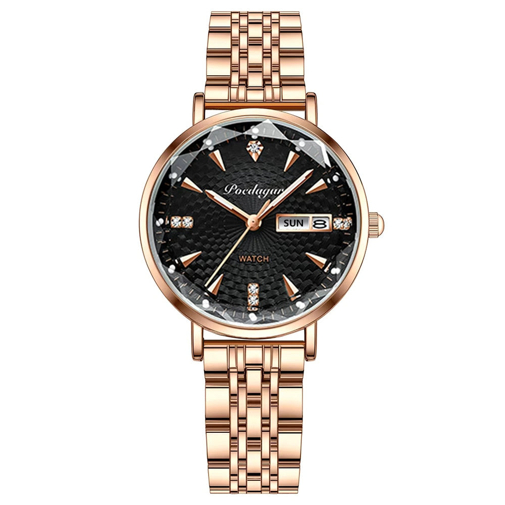 Luxus Herrenarmbanduhr, goldfarben, schwarzes Zifferblatt, Edelstahlarmband, Datum-Anzeige.