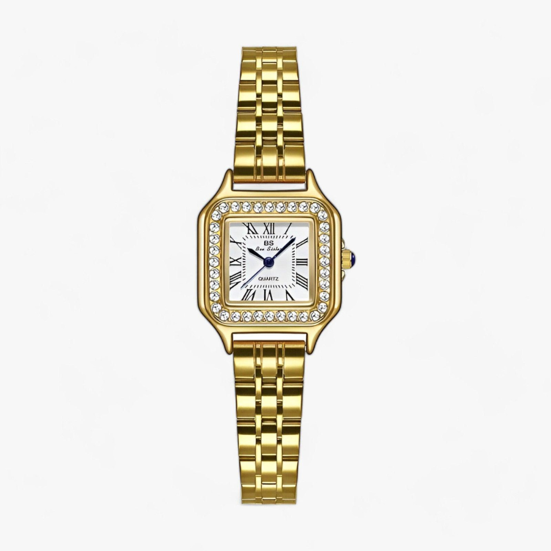 Goldene Damenarmbanduhr mit Strasssteinen, quadratisches Zifferblatt, elegantes Design.