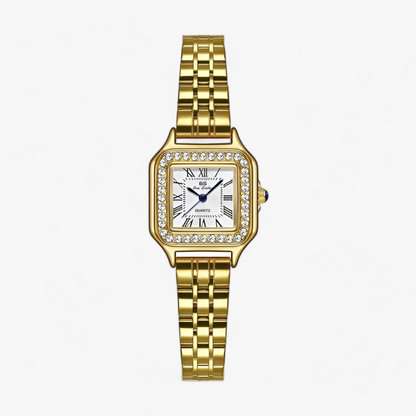 Goldene Damenarmbanduhr mit Strasssteinen, quadratisches Zifferblatt, elegantes Design.