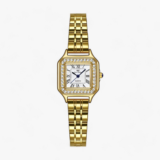 Goldene Damenarmbanduhr mit Strasssteinen, quadratisches Zifferblatt, elegantes Design.