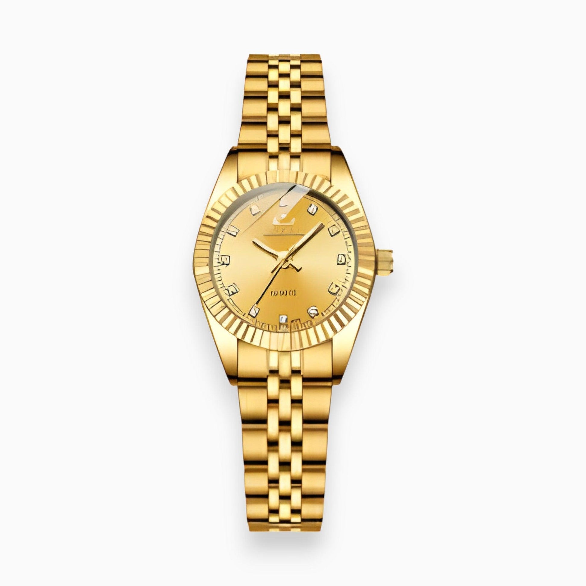 Goldene Armbanduhr mit Gliederarmband, Zifferblatt mit Diamantakzenten, luxuriöses Design.