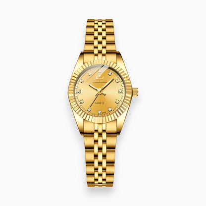 Goldene Armbanduhr mit Gliederarmband, Zifferblatt mit Diamantakzenten, luxuriöses Design.