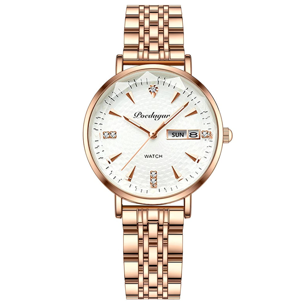 Luxus-Damenarmbanduhr, roségold, Edelstahl, weißes Zifferblatt, Datumsanzeige, elegant.