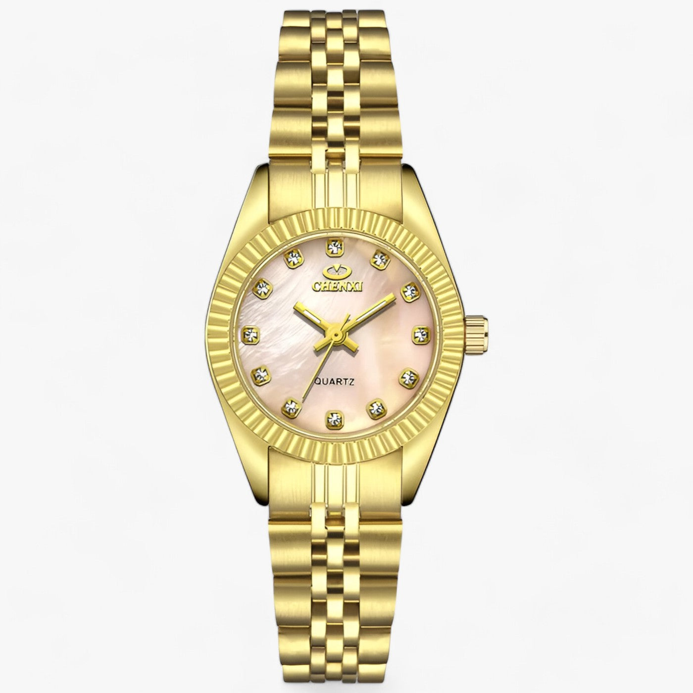 Goldene Damenarmbanduhr mit Perlmuttzifferblatt und Strasssteinen, elegantes Design.