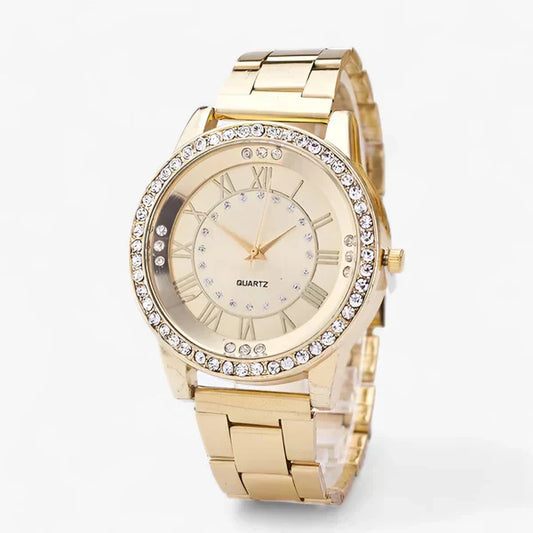 Goldene Damenarmbanduhr mit Strasssteinen, Quarzwerk, elegantes Design, modisches Accessoire.