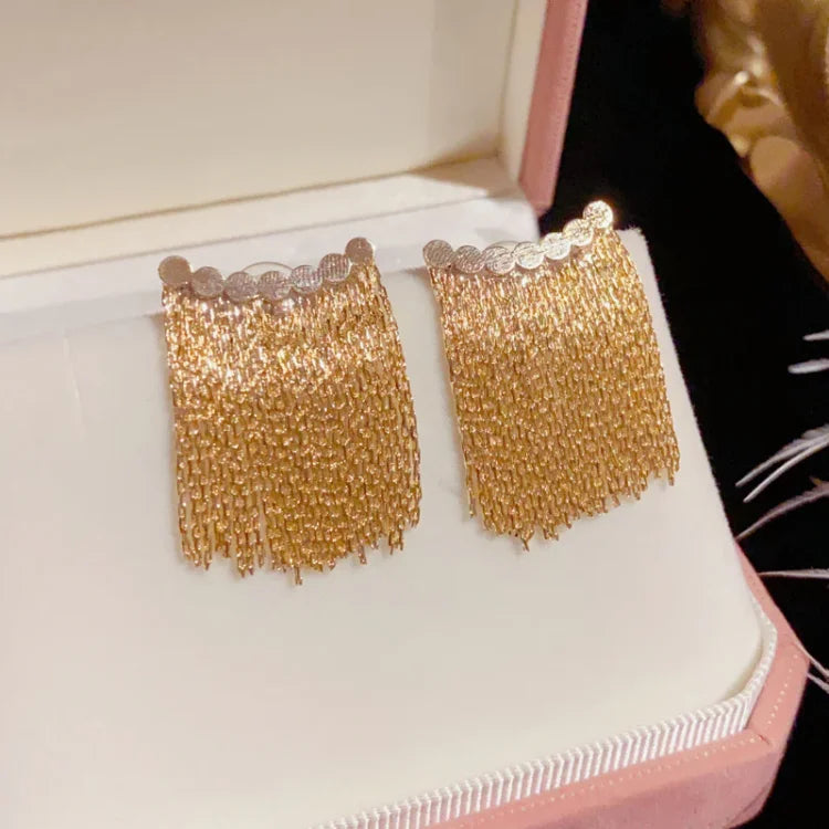 Goldene Quasten-Ohrringe in Schmuckschatulle, elegantes Design, modische Damenaccessoires.