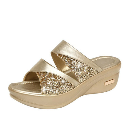 Goldene Damen-Sandalen mit Glitzer, Keilabsatz, bequem, modisch, Sommermode.
