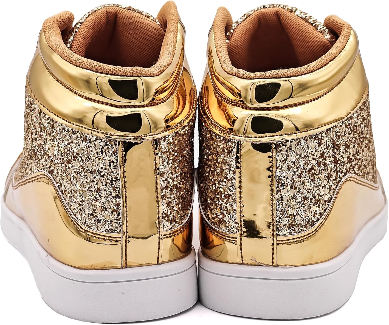 Goldene Glitzer-Sneaker, hohe Absätze, modisch, glänzend, Damen, Freizeit, trendy Schuhe.