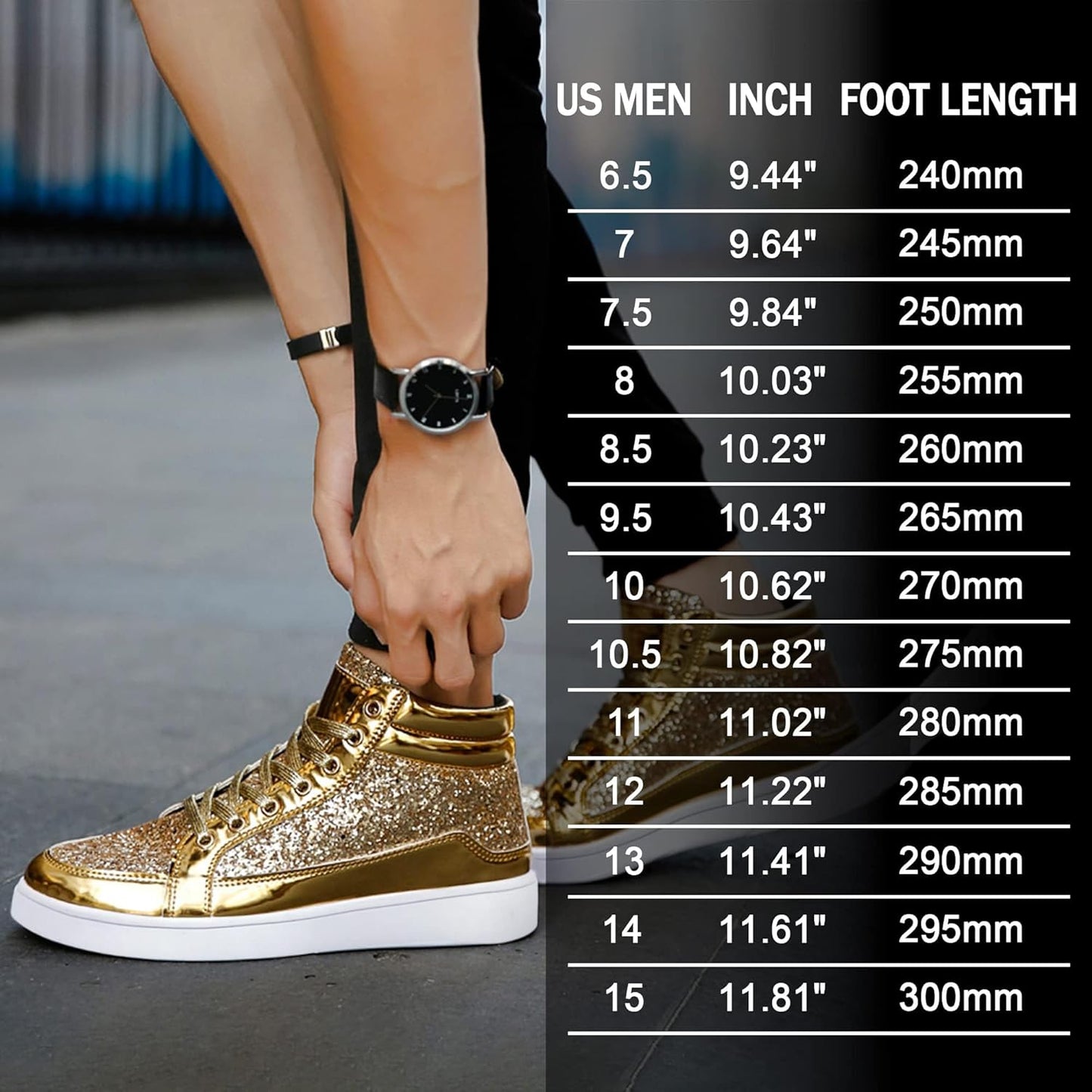 Goldene glitzernde High-Top-Sneaker, Herren, modisch, Größentabelle, Straßenschuhe.