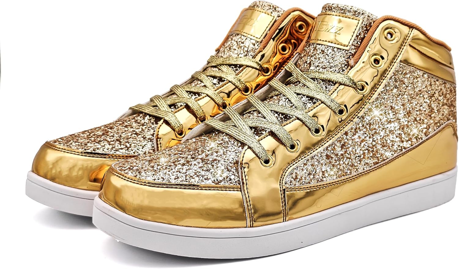 Goldene Glitzer-Sneaker, High-Top, modisch, glänzend, für Damen und Herren.