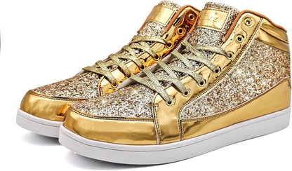 Goldene Glitzer-Sneaker, High-Top, modisch, glänzend, für Damen und Herren.