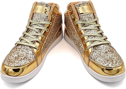 Goldene Glitzer-Sneaker, High-Top, modisch, glänzend, Unisex, Freizeit, Schnürschuhe.
