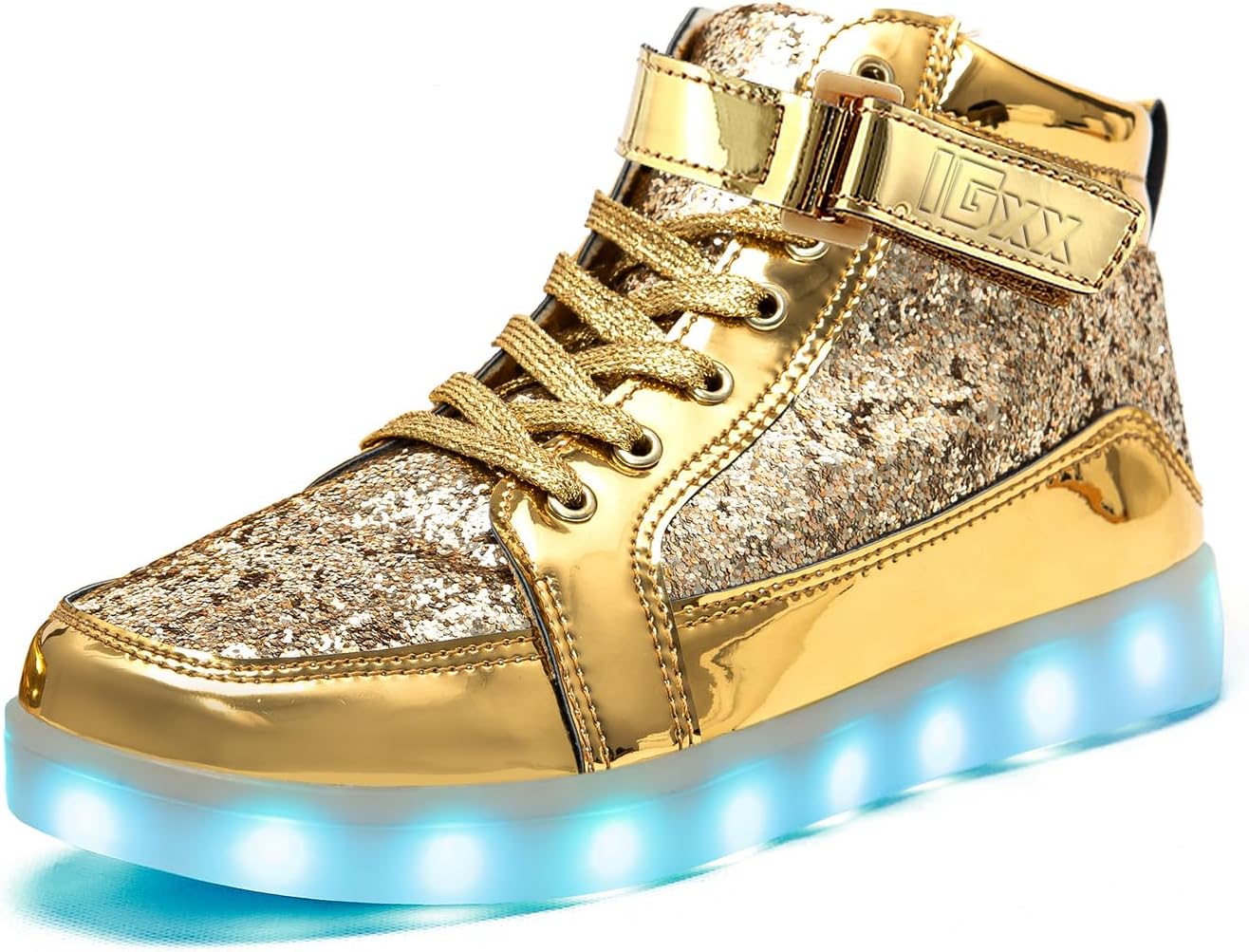 Goldene LED-Sneaker für Kinder, glitzernd, mit leuchtender Sohle, modisch und auffällig.