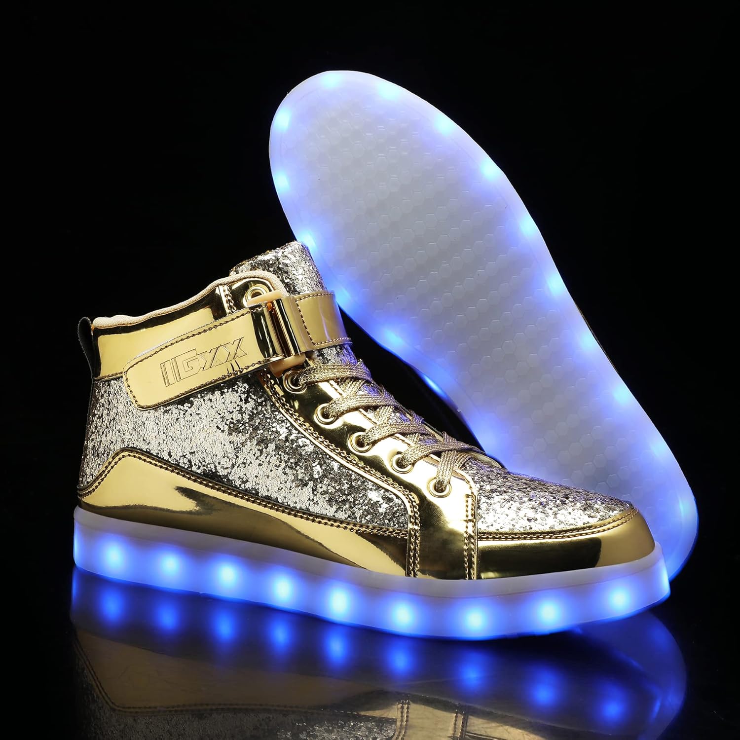 Goldene LED-Sneaker mit Glitzer, leuchtende Sohle, modische Schuhe für Partys und Events.