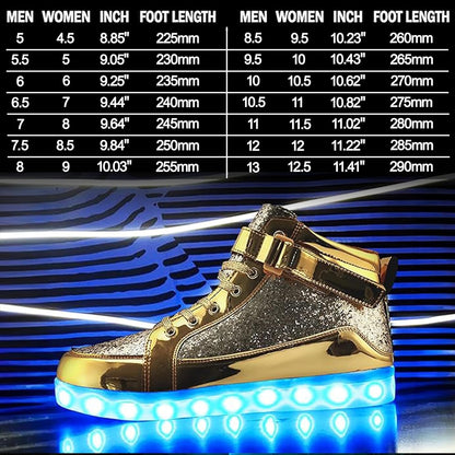 Goldene LED-Sneaker mit Glitzer, leuchtende Sohle, Größentabelle, modische Schuhe.