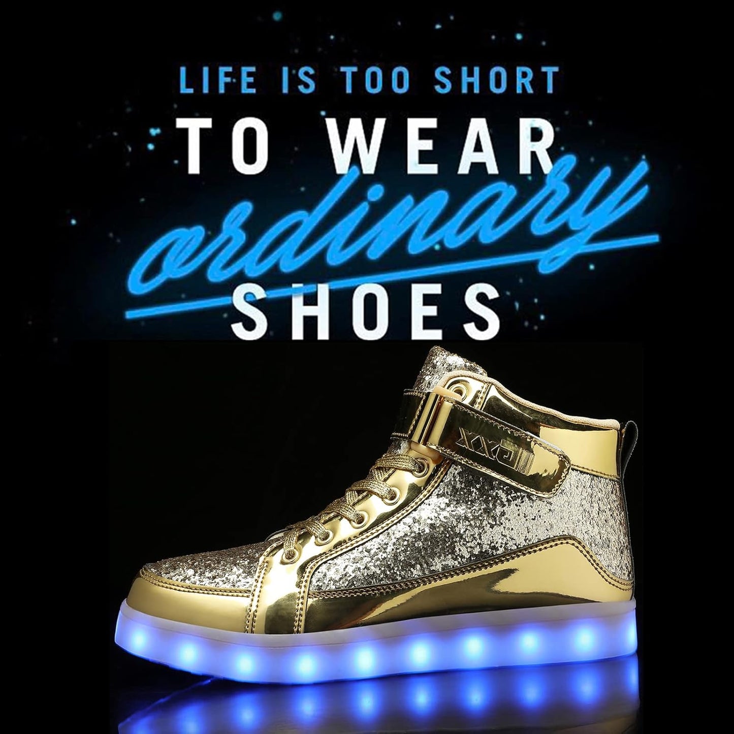 Goldene LED-Sneaker mit Glitzer, leuchtende Sohle, modische Schuhe für Partys.