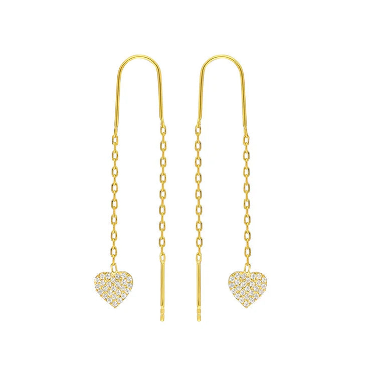 Goldene Herz-Ohrringe mit Ketten, funkelnde Strasssteine, eleganter Schmuck für Damen.