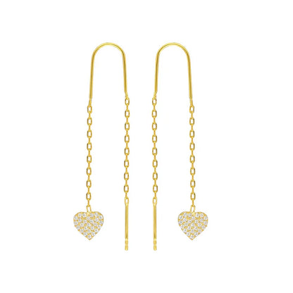 Goldene Herz-Ohrringe mit Ketten, funkelnde Strasssteine, eleganter Schmuck für Damen.