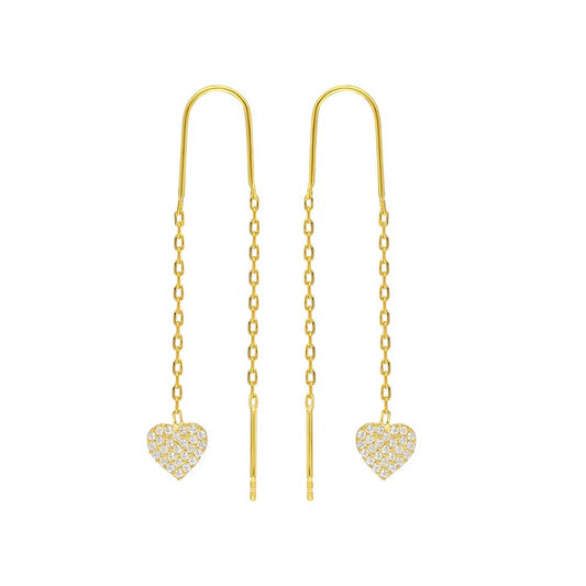 Goldene Herz-Ohrringe mit Ketten, funkelnde Strasssteine, eleganter Schmuck für Damen.