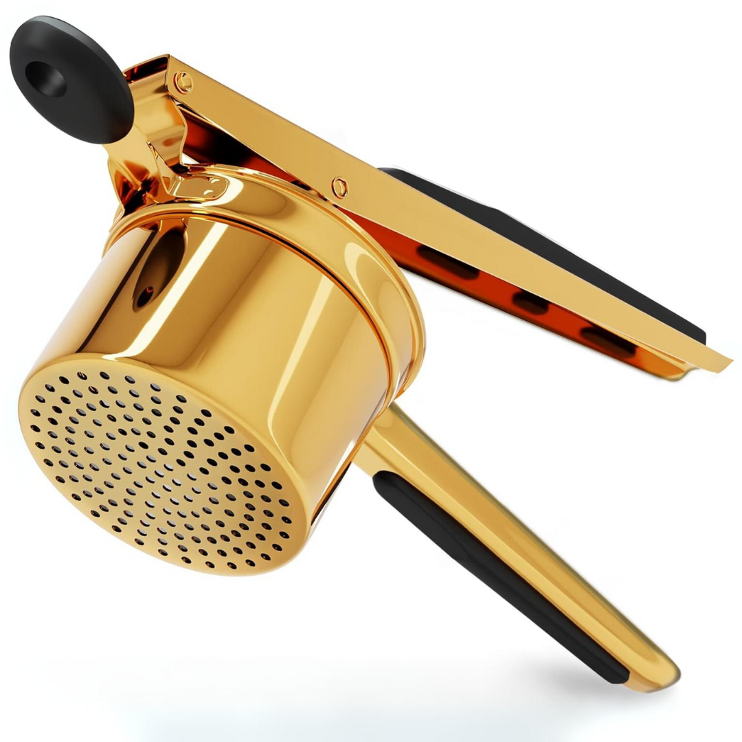 Goldene Kartoffelpresse aus Edelstahl mit ergonomischem Griff, Küchengerät für Kartoffelpüree.