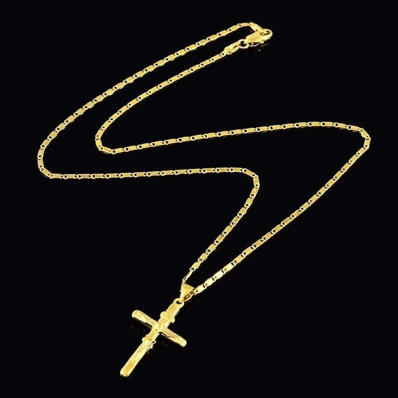 Goldene Kreuzkette, glänzend, aus Edelstahl, modisches Schmuckstück für Herren und Damen.