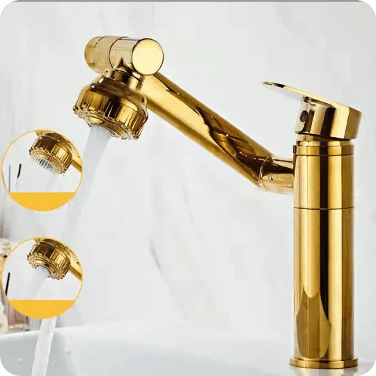 Goldene Küchenarmatur mit ausziehbarem Auslauf, modernem Design, Wasserhahn, Messing.