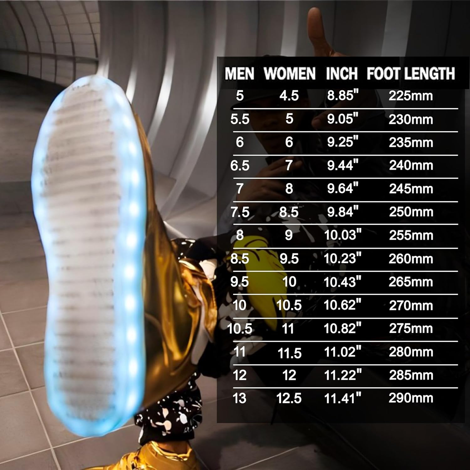 Goldene LED-Sneaker mit leuchtender Sohle, Größenvergleichstabelle, modische Schuhe.
