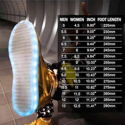 Goldene LED-Sneaker mit leuchtender Sohle, Größenvergleichstabelle, modische Schuhe.