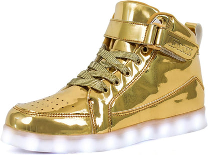Goldene LED-Sneaker, glänzend, mit Klettverschluss, modische Schuhe für Partys und Events.