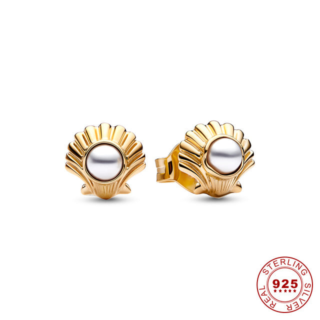 Goldene Muschel-Ohrringe mit Perle, Disney Die kleine Meerjungfrau, 925 Sterling Silber.