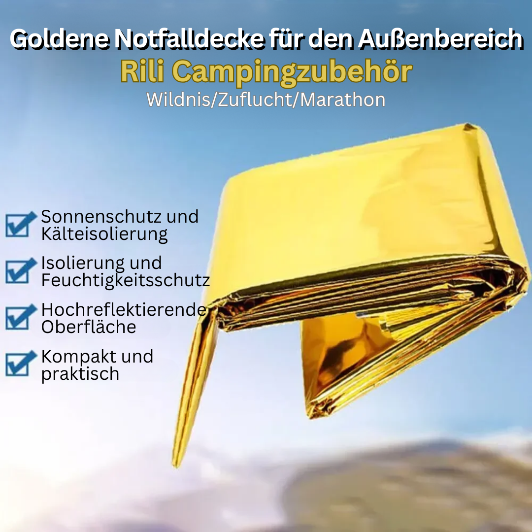 Goldene Notfalldecke, Outdoor-Camping, Sonnenschutz, Kälteisolierung, kompakt, reflektierend.