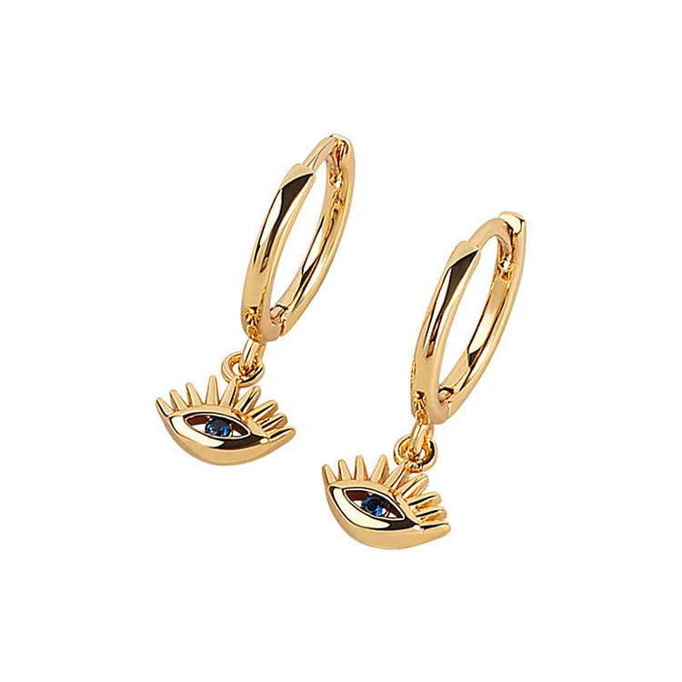 Goldene Creolen mit Augen-Anhänger, Schmuck, modisch, Damen-Accessoire, Geschenkidee.