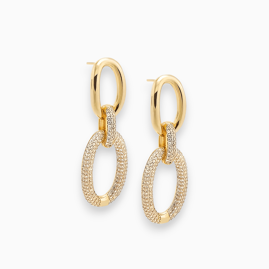 Goldene Ohrringe mit ovalen Gliedern, glänzend und strukturiert, modisches Schmuckdesign.