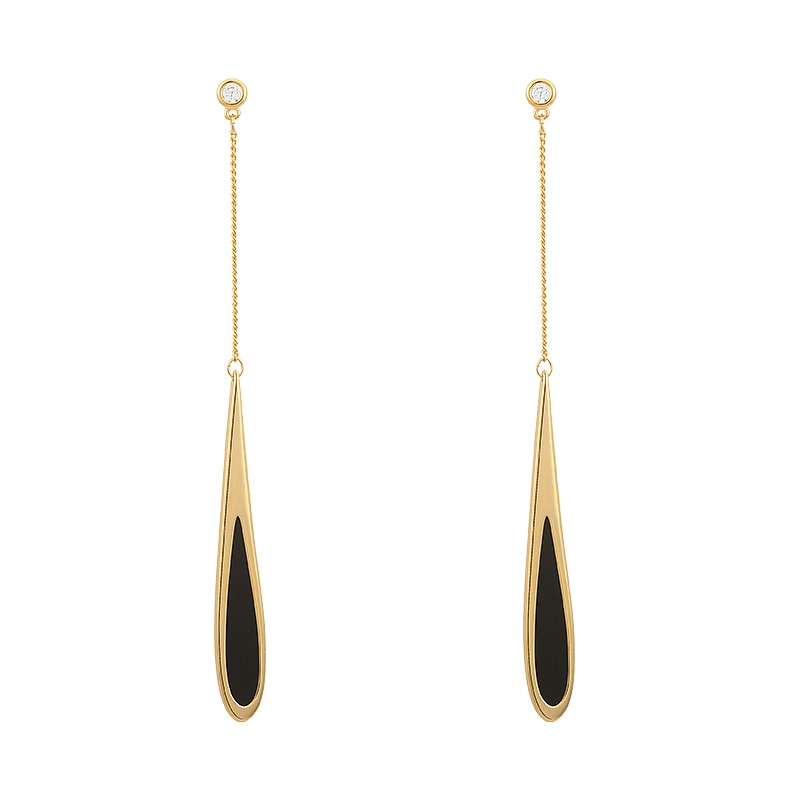 Goldene Ohrringe mit schwarzem Tropfenanhänger, elegantes Design, Damen-Schmuck.