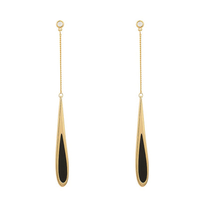 Goldene Ohrringe mit schwarzem Tropfenanhänger, elegantes Design, Damen-Schmuck.