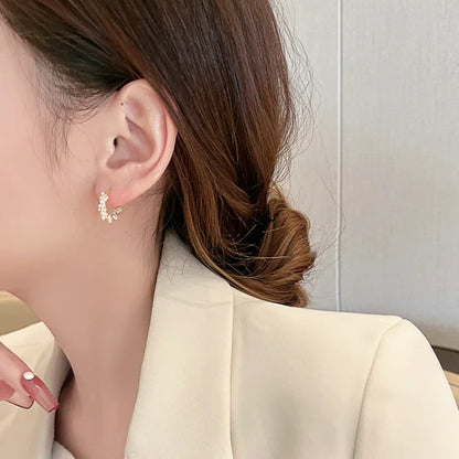 Frau mit goldenen Ohrringen, eleganter Schmuck, Nahaufnahme, modisches Accessoire, Damenmode.