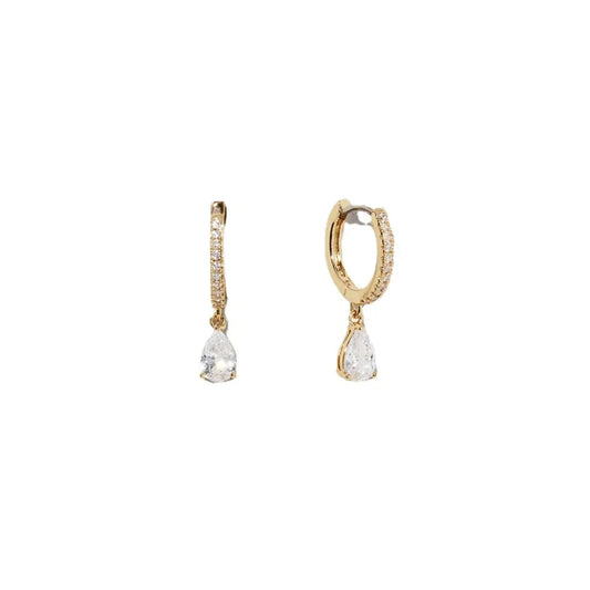 Goldene Creolen mit tropfenförmigem Zirkonia-Anhänger, eleganter Schmuck, Damen-Ohrringe.