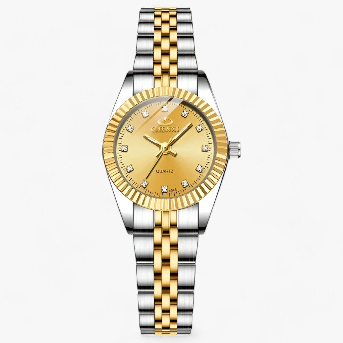 Goldene und silberne Damenarmbanduhr, Quarz, Edelstahl, mit Strasssteinen, elegant.