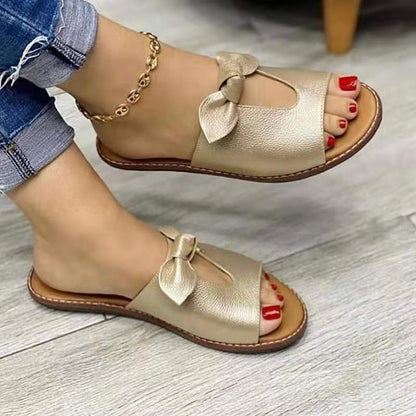 Damen Sandalen Gold mit Schleife, offenes Design, bequem, modisch, Sommermode, Fußkettchen.