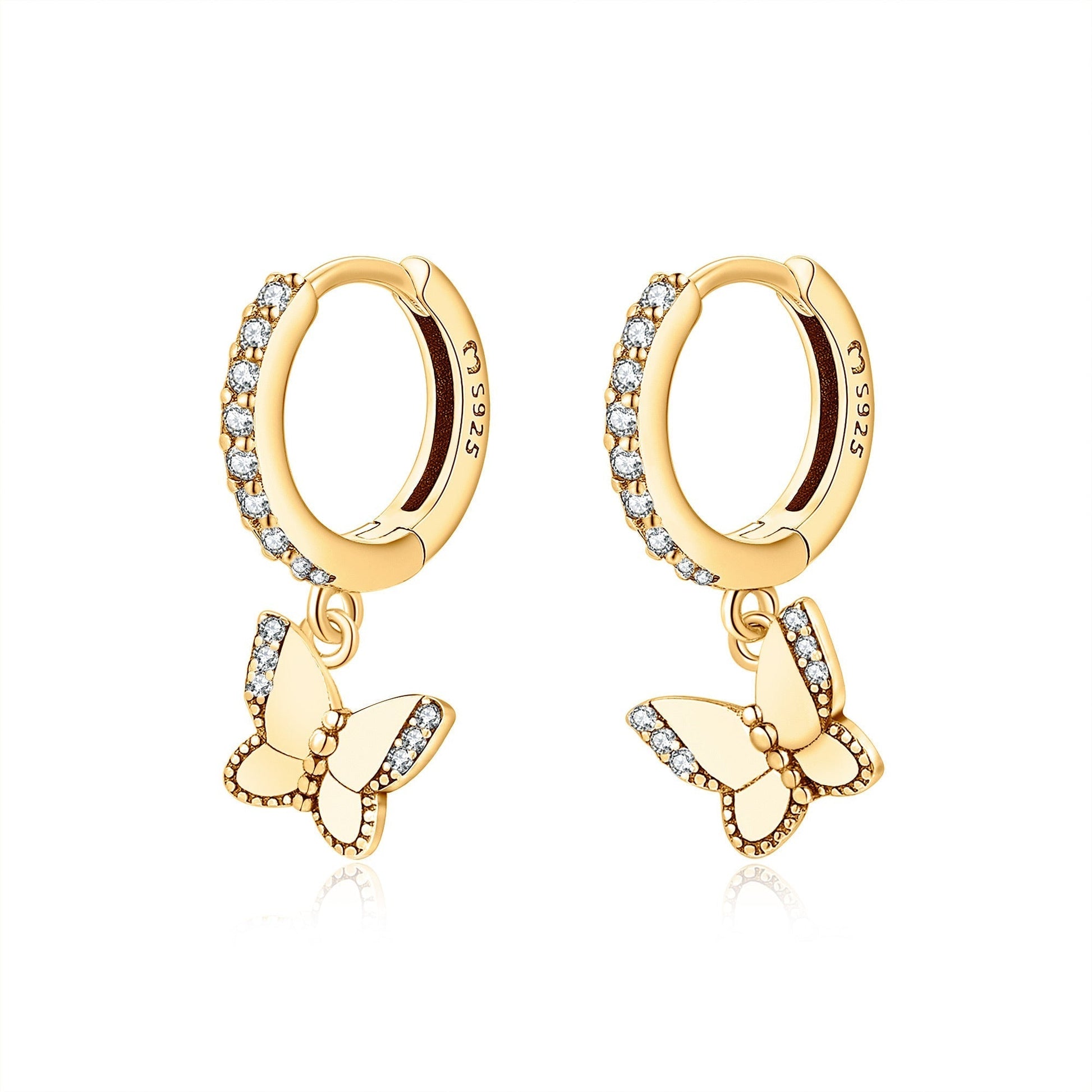 Goldene Schmetterling Ohrringe mit Zirkonia, 925 Sterling Silber, Damen Schmuck, modisch.
