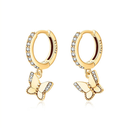 Goldene Schmetterling Ohrringe mit Zirkonia, 925 Sterling Silber, Damen Schmuck, modisch.