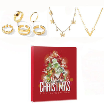 Goldene Schmuckset mit Ringen und Halsketten, Weihnachtsgeschenkbox, festlich, elegant.