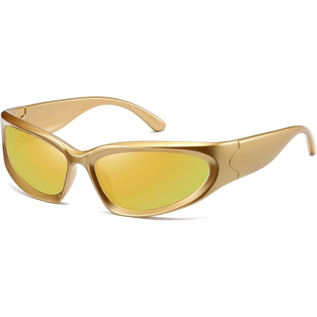 Goldene Sonnenbrille mit gelben Gläsern, modisches Accessoire, UV-Schutz, Unisex-Design.