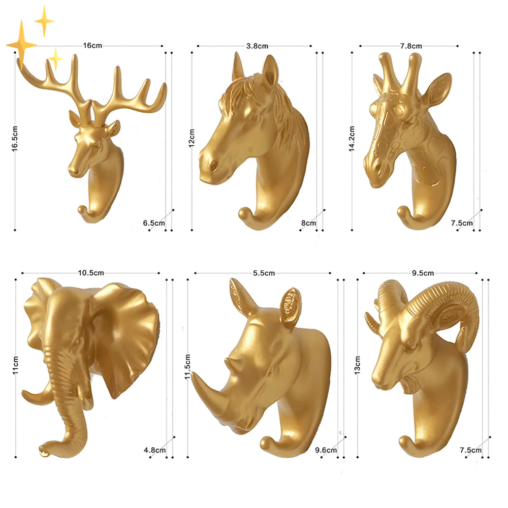 Goldene Tierkopf-Wandhaken, Set aus 6, Hirsch, Pferd, Giraffe, Elefant, Nashorn, Widder.
