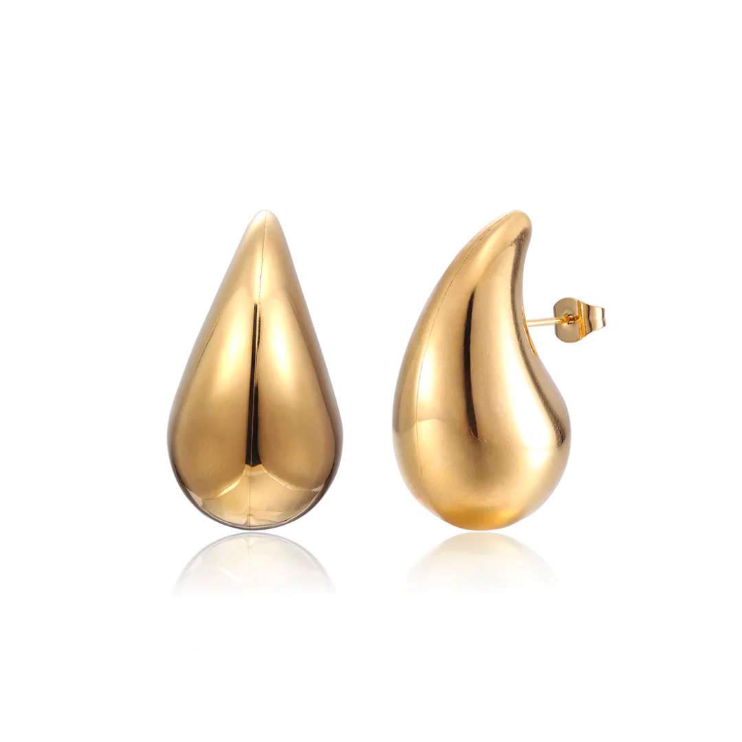 Goldene Tropfen-Ohrringe, glänzend, elegant, Modeschmuck, Damenaccessoire.