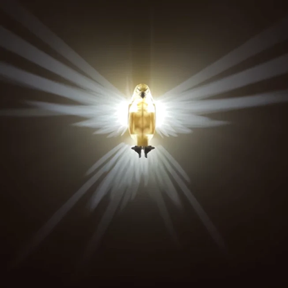 Leuchtende goldene Vogel-Lampe mit ausgebreiteten Flügeln, dekorative Beleuchtung, modern.