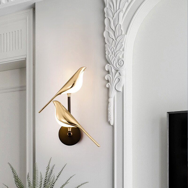 Goldene Vogel-Wandleuchte, LED, modern, Wohnzimmer, Schlafzimmer, dekorative Beleuchtung.